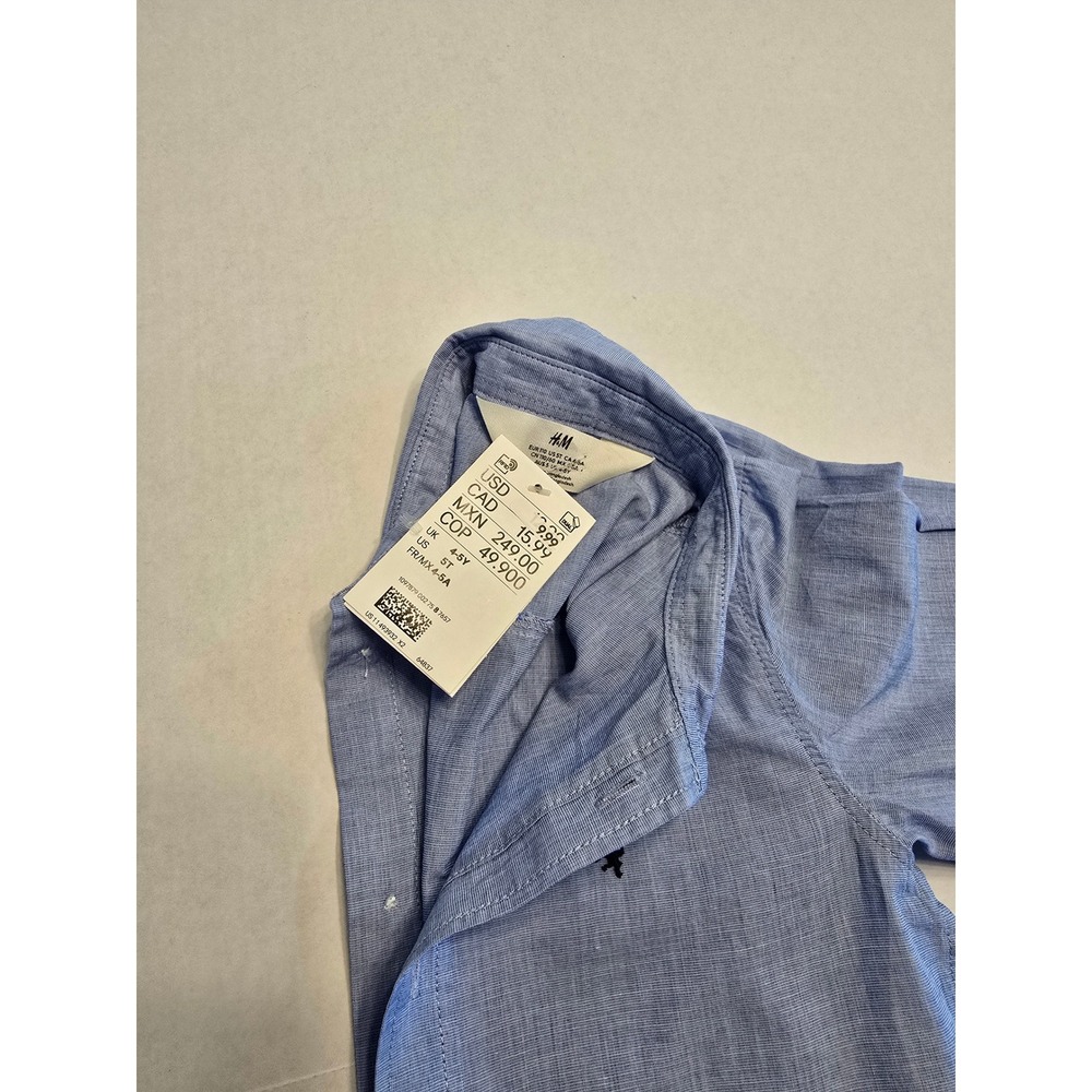 NWT H&M Boys Button-Up Shirt Embroidered Logo Long Sleeve Blue‎ Size 4/5Y